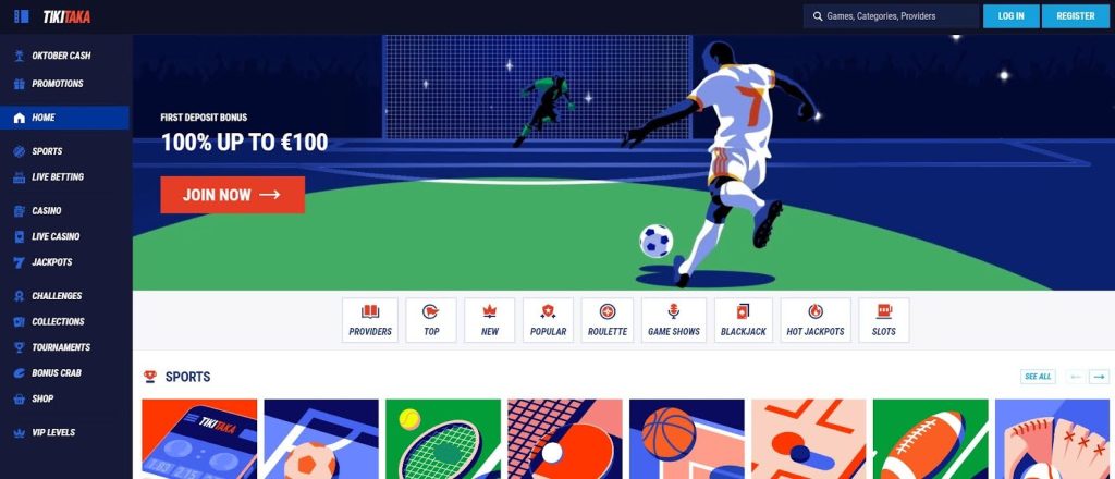 Tikitaka sports and casino hybrid in Alberta Casinos scene with football-themed bonuses and live betting options.